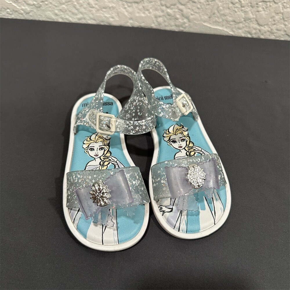 Mini Melissa Disney Frozen Elsa Glitter Jelly Sandals Girls US 10 Silver
